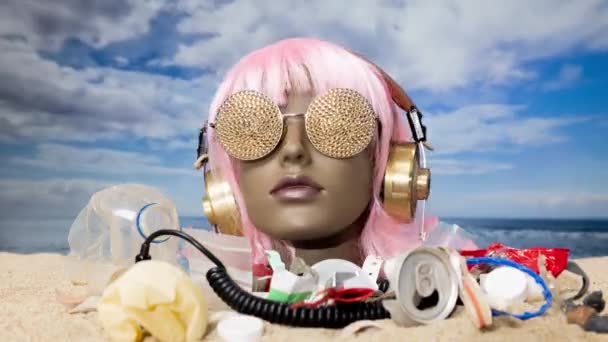 一个塑料女模特的脑袋卡在沙子里 带着耳机 海滩上堆满了垃圾 — 图库视频影像