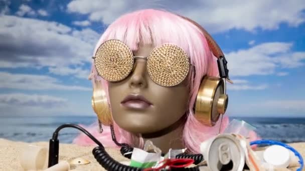 Een Plastic Vrouwelijke Mannequin Hoofd Vast Het Zand Met Koptelefoon — Stockvideo