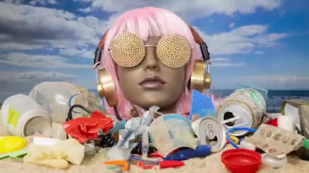 一个塑料女模特的脑袋卡在沙子里 带着耳机 海滩上堆满了垃圾 — 图库视频影像