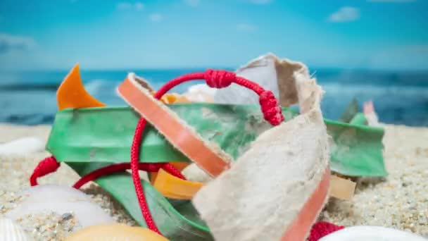 Послідовність Різних Шматків Сміття Сміття Красивому Пляжі — стокове відео