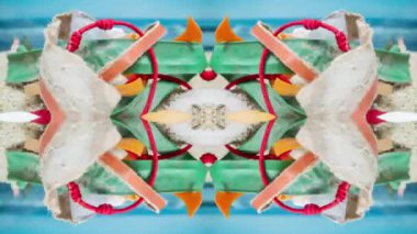 Çöpleri dolduran güzel bir sahil ve çöpler soyut aynalı desenler oluşturuyor.