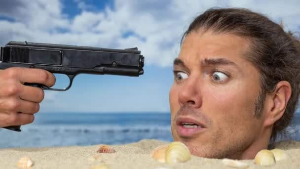 Man Buried Her Head Beach Gun Pointed His Head — Stock Video