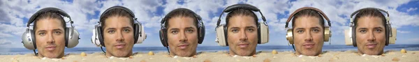 Múltiples Cabezas Hombre Enterrado Cabeza Una Playa Escuchando Música Auriculares — Foto de Stock