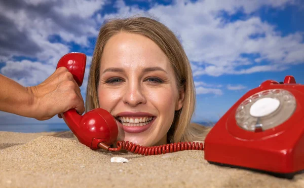 Pretty Woman Buried Her Head Beach Talking Red Vintage Telephone Stock Image