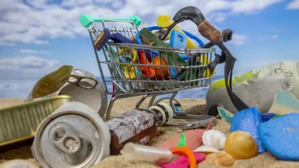 在美丽的海滩上 一辆满载垃圾的购物车 — 图库视频影像