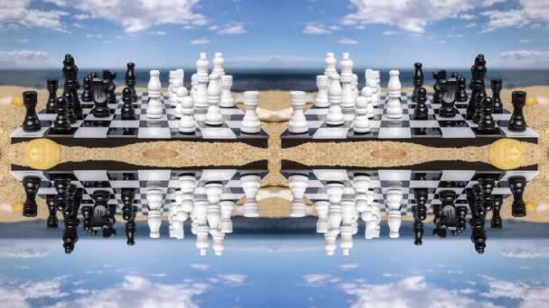 Game Chess Being Played Beach Made Mirrored Pattern — Stock Video