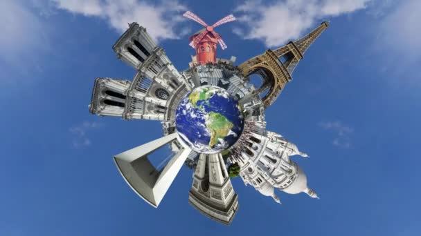 Tiny Planet Okrągły Obiektyw Abstrakcyjny Wzór Wykonany Paryża Słynne Zabytki — Wideo stockowe