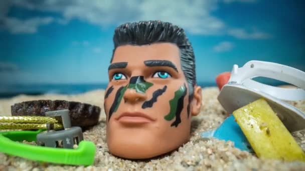 Male Doll Head Surrounded Rubbish Trash Filling Beautiful Beach — Stock Video