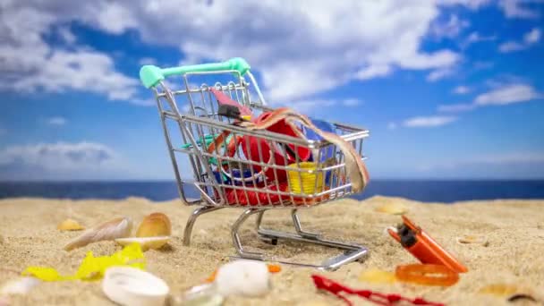 Shopping Trolley Filling Rubbish Trash Beautiful Beach — Stock Video