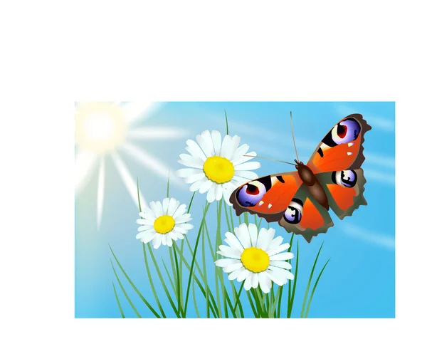 Mariposa con flores — Vector de stock