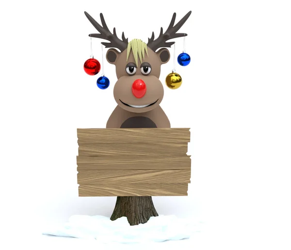 Rudolph Reindeer Wooden Sign Snow — Stock Photo, Image