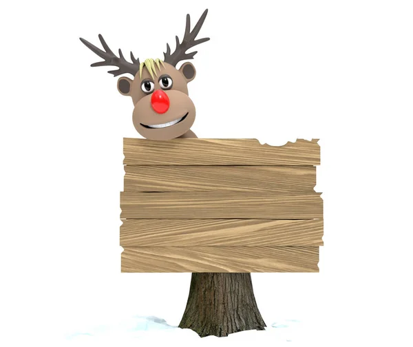 Rudolph Com Sinal Madeira Neve — Fotografia de Stock