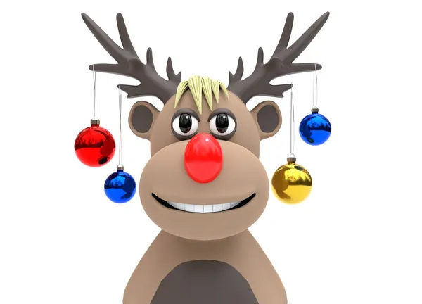 Rudolph Med Grannlåt Hängande Från Horn — Stockfoto