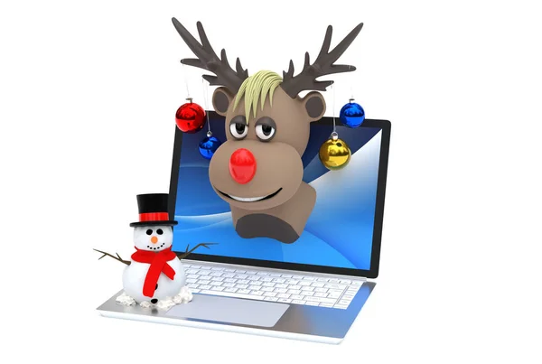 Rudolph Reindeer Laptop Snowman Shopping Christmas Line Concept — Stock Photo, Image
