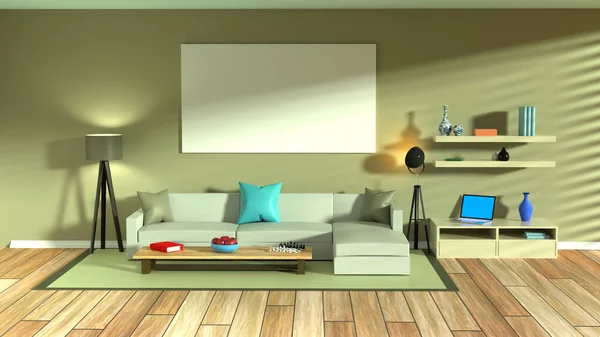 Modern Living Room Sofa Laptop Stock Photo