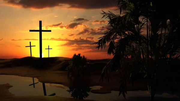 Christian Cross Sunset Landscape — ストック写真