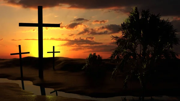 Christian Cross Sunset Landscape — Stock Photo, Image