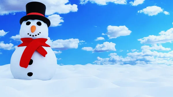 Snowman in snow with blue sky with clouds