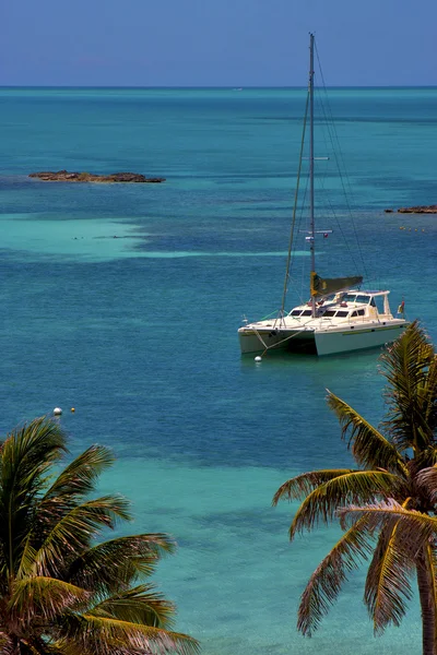 Costline loď katamarán v modré laguně uvolnit isla contoy — Stock fotografie