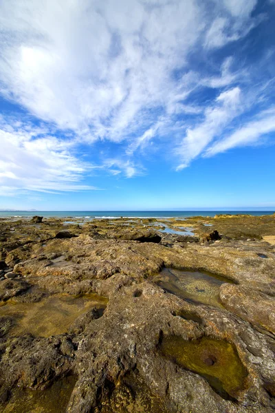 Lumière plage eau dans lanzarote île mousse roche espagne — Photo