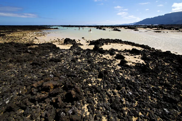 Insanlar tepesi beyaz plaj sarmal siyah lanzarote İspanya — Stok fotoğraf