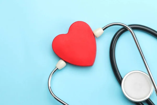 Stethoscope Red Heart Blue Background Top View Free Space Cardiology Stock Picture