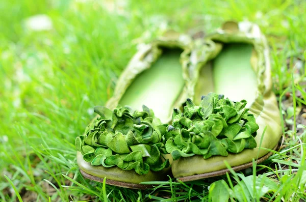 Zapatos de mujer verde con flores en hierba verde —  Fotos de Stock