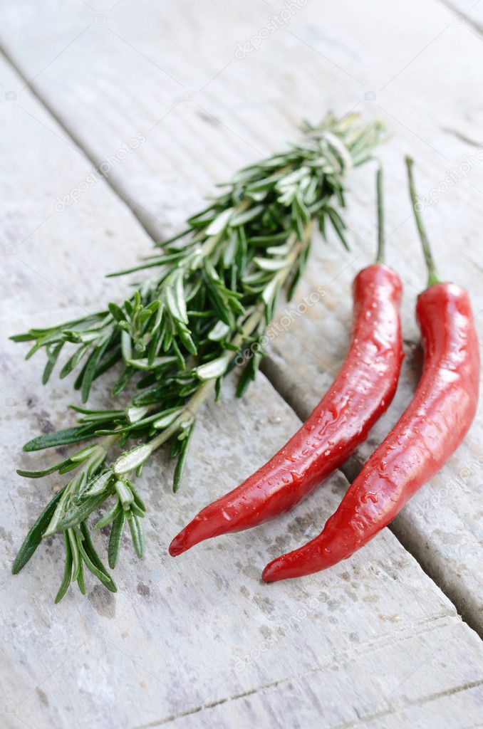 Mediterranean ingredients - fresh rosemary and chilli on rusted