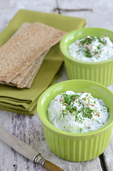 Homemade cottage cheese spread and rye loaves — Stock Photo, Image