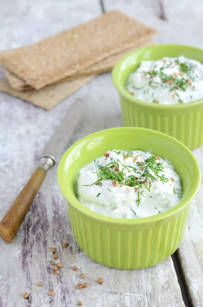 Homemade cottage cheese spread and rye loaves — Stock Photo, Image