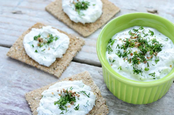 Homemade cottage cheese spread and rye loaves sandwiches — Stock Photo, Image