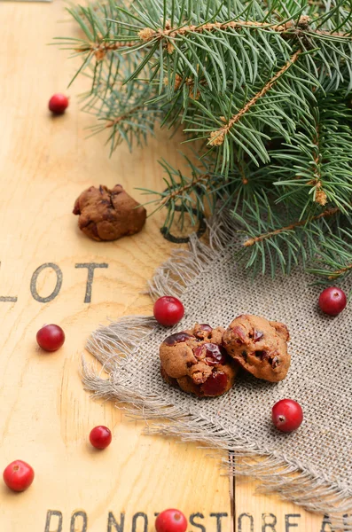 Weihnachtsdekoration mit Keksen, Preiselbeeren und Tannenbaum-BH — Stockfoto