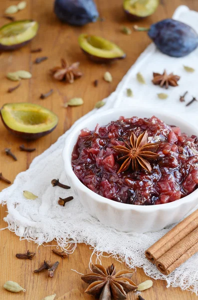 Homemade plum chutney topped with star anise — Stock Photo, Image