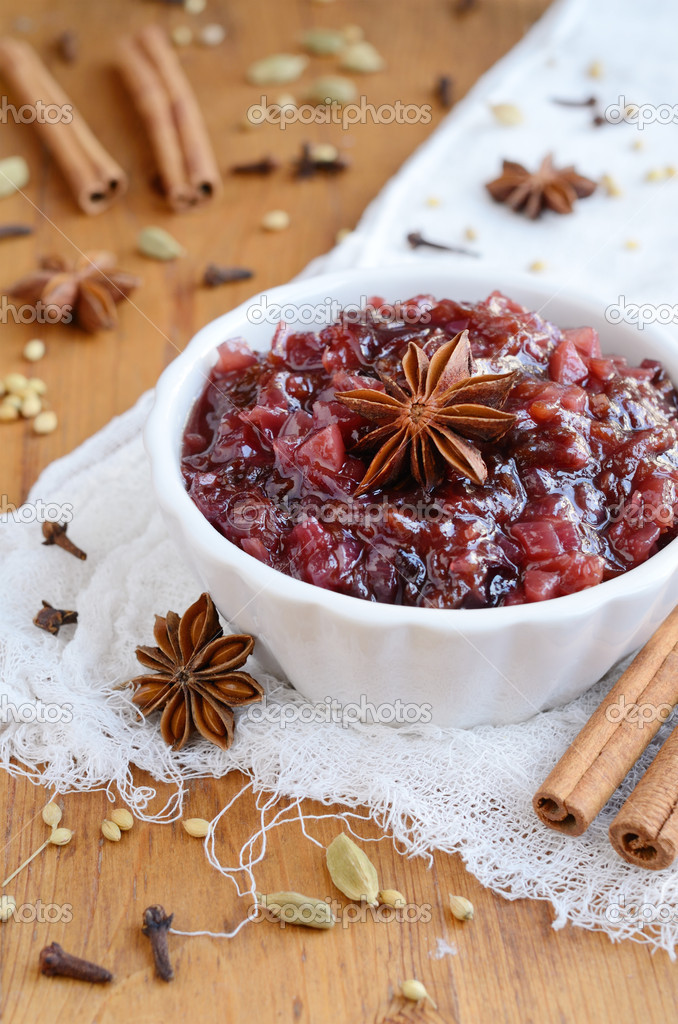 Homemade plum chutney and spices