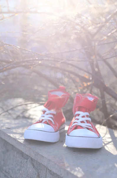 Красная и белая спортивная обувь — стоковое фото