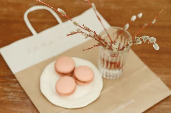 Pussy willow bunch and macaroon on Zara Home saucer — Stock Photo, Image