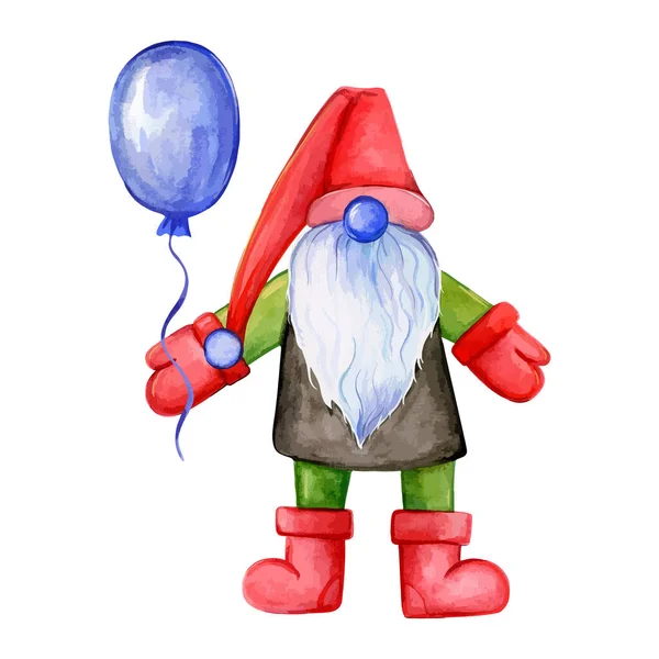 Gnome de Natal com um balon.gnome Papai Noel. Ilustração aquarela — Vetor de Stock