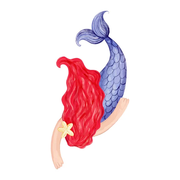 白底红头发的漂亮美人鱼 — 图库矢量图片