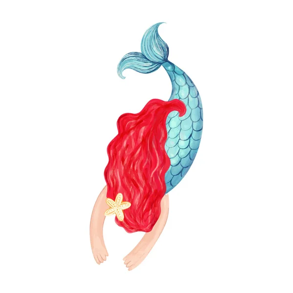 白色背景上有红头发的美人鱼。手绘水彩画 — 图库矢量图片