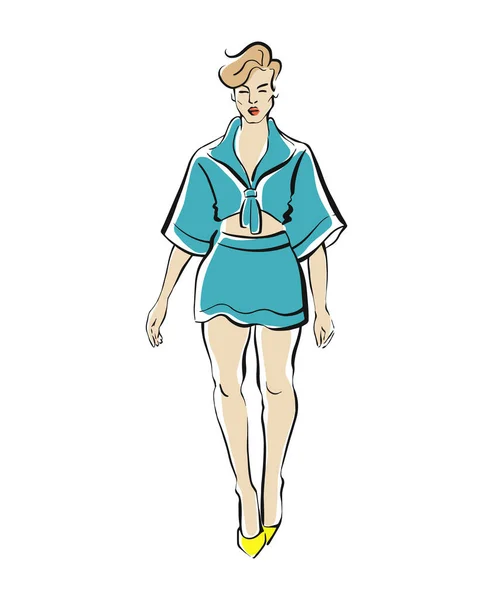 Stilvolles Mädchen in einem Sommeranzug Skizze. Fashion Illustration — Stockvektor