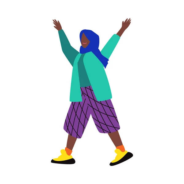 Χαρούμενη καρτούν μαύρη γυναίκα με τα χέρια σηκωμένα — Διανυσματικό Αρχείο