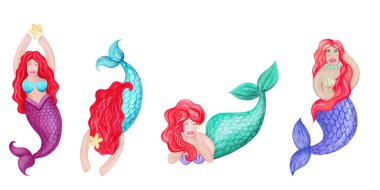 Bir dizi renkli çizgi film denizkızı. suluboya resimleme