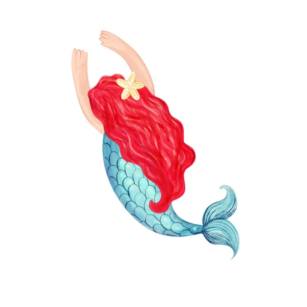 Γοργόνα με κόκκινα μαλλιά. Χειροποίητη απεικόνιση ακουαρέλας — Διανυσματικό Αρχείο