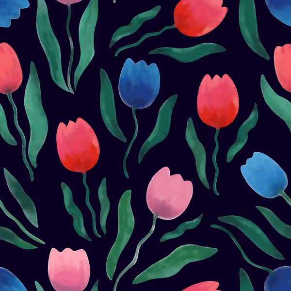 Acquerello modello senza soluzione di continuità con tulipani. Illustrazione vettoriale — Vettoriale Stock