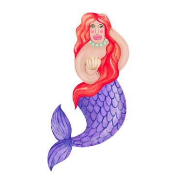 Beyaz arka planda kızıl saçlı denizkızı.. 
