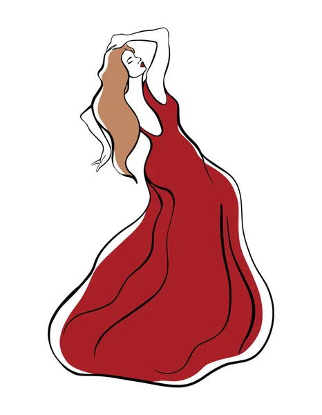 Mulher em um esboço vestido longo vermelho. Ilustração da moda — Vetor de Stock