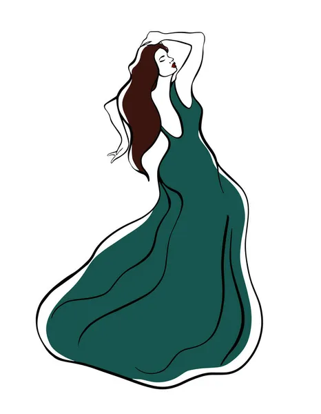 Chica en un boceto de vestido largo verde. Ilustración moda — Vector de stock