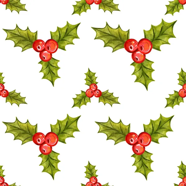 Seamless Christmas pattern with holly berries — Stock Photo, Image