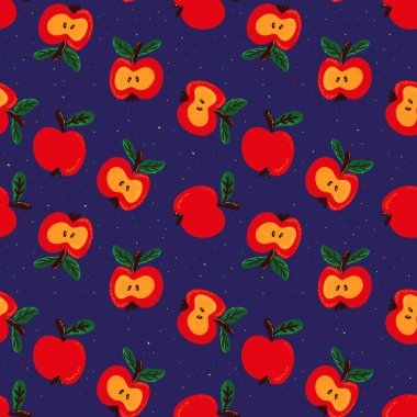 Kırmızı elmalı kusursuz desen ve mavi arkaplanda renkli noktalar.