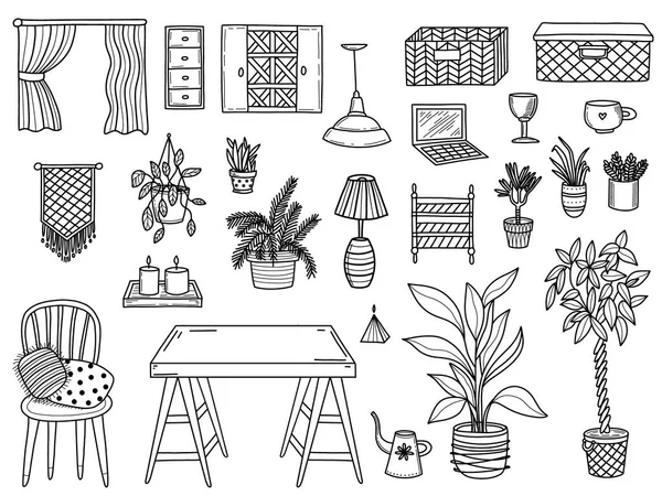 Diseño lineal de varios artículos de decoración para el hogar — Vector de stock
